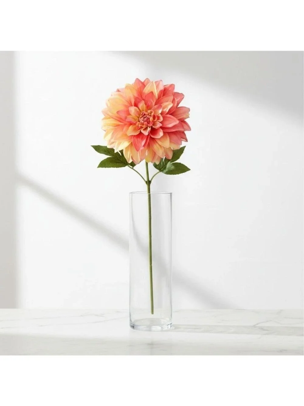Coral Dahlia Stem Faux Flower 24 Inch 5 Inch Bloom Coral Yellow Artificial Dahli